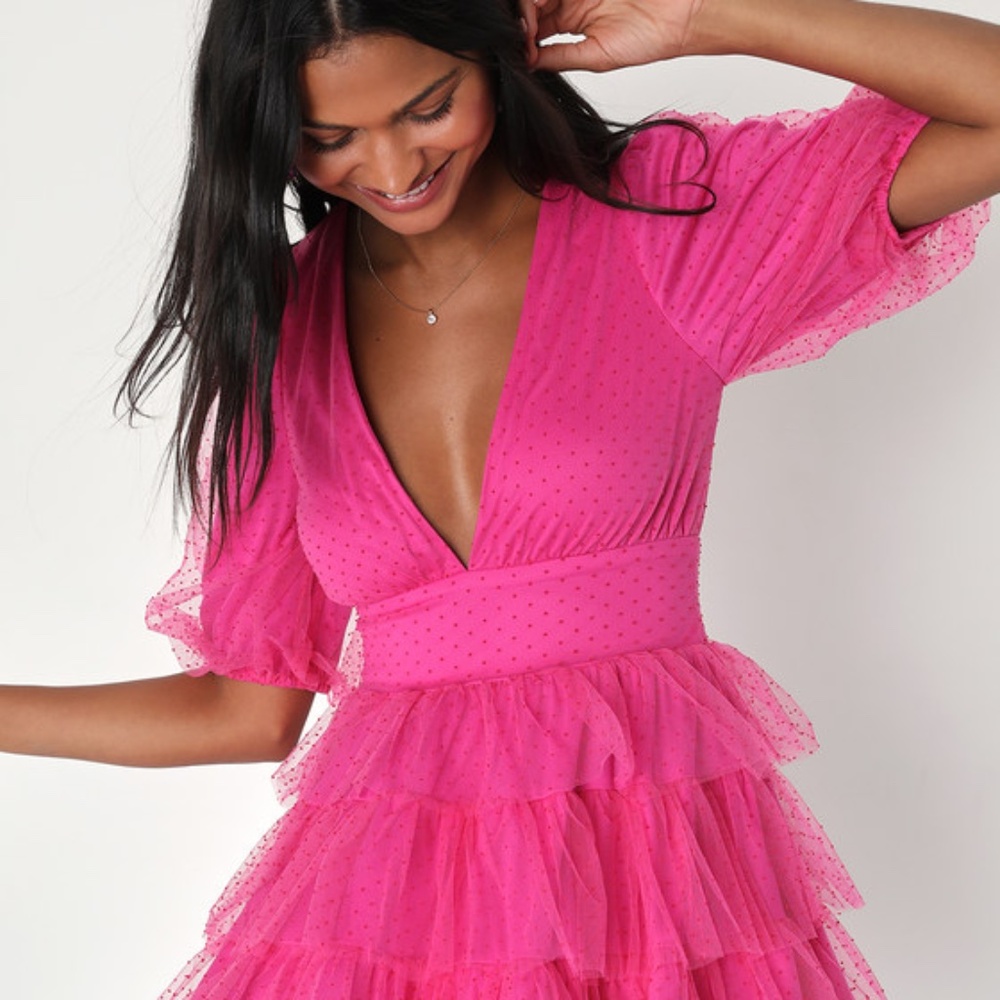 Lulus Dramatic Poise Hot Pink Dot Tulle Puff Sleeve Tiered Mini Dress - Size L